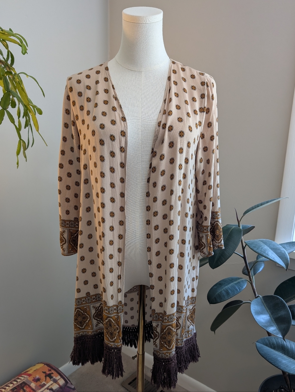 Bohemian Cream and Brown Long Lightweight Cardigan With Fringe